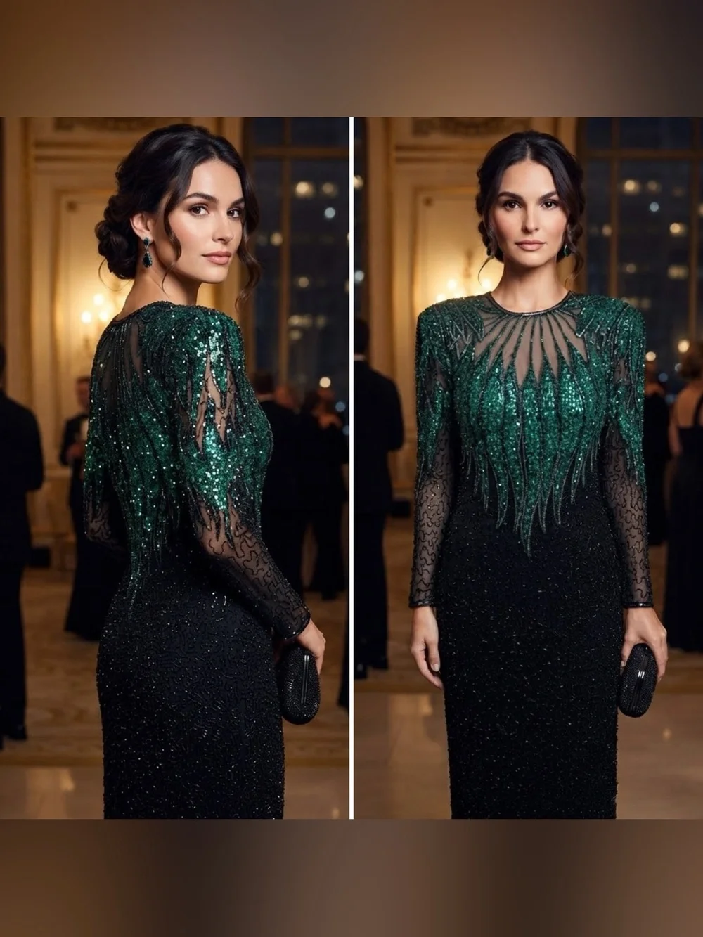 Alyce Designs Women’s 12 Black Silk Beaded Sequin Teal Green Gown Vintage Dress